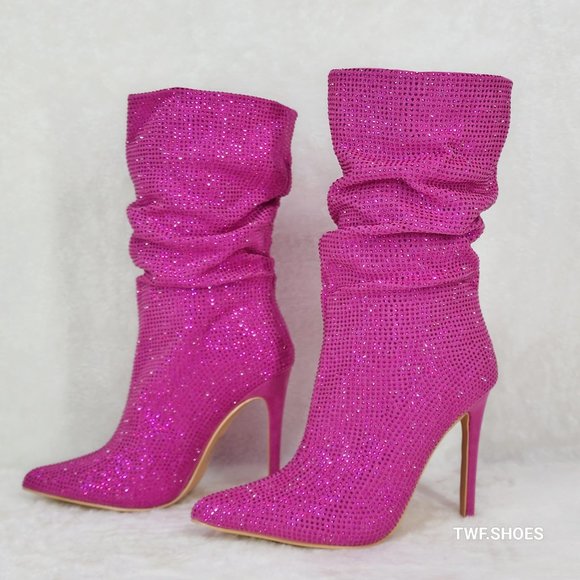 Resolve Sparkling Pink Rhinestone High Heel Slouch Calf Boots New Years Bling - Picture 11 of 15